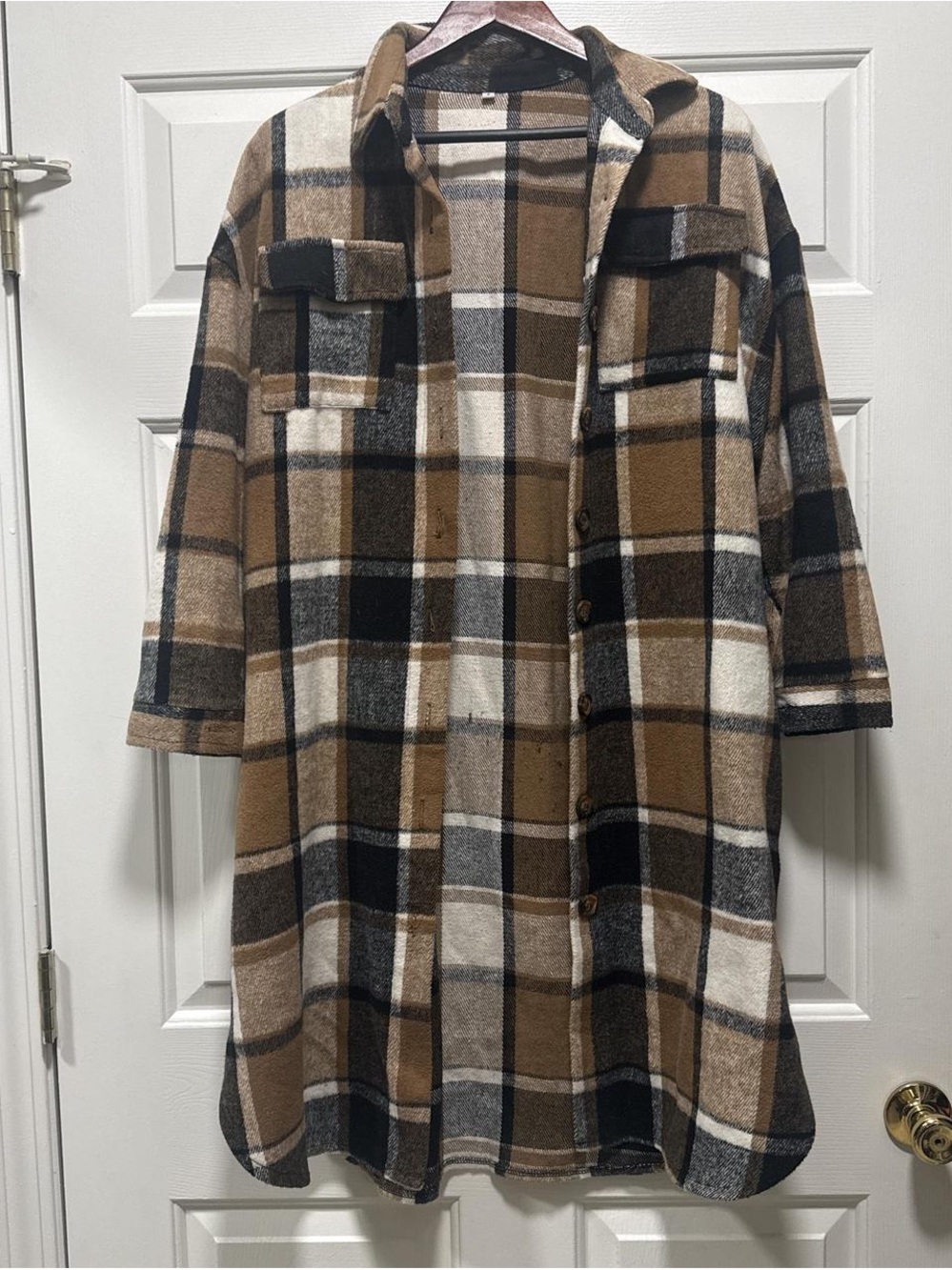 Plaid Long Shacket in Brown and Cream